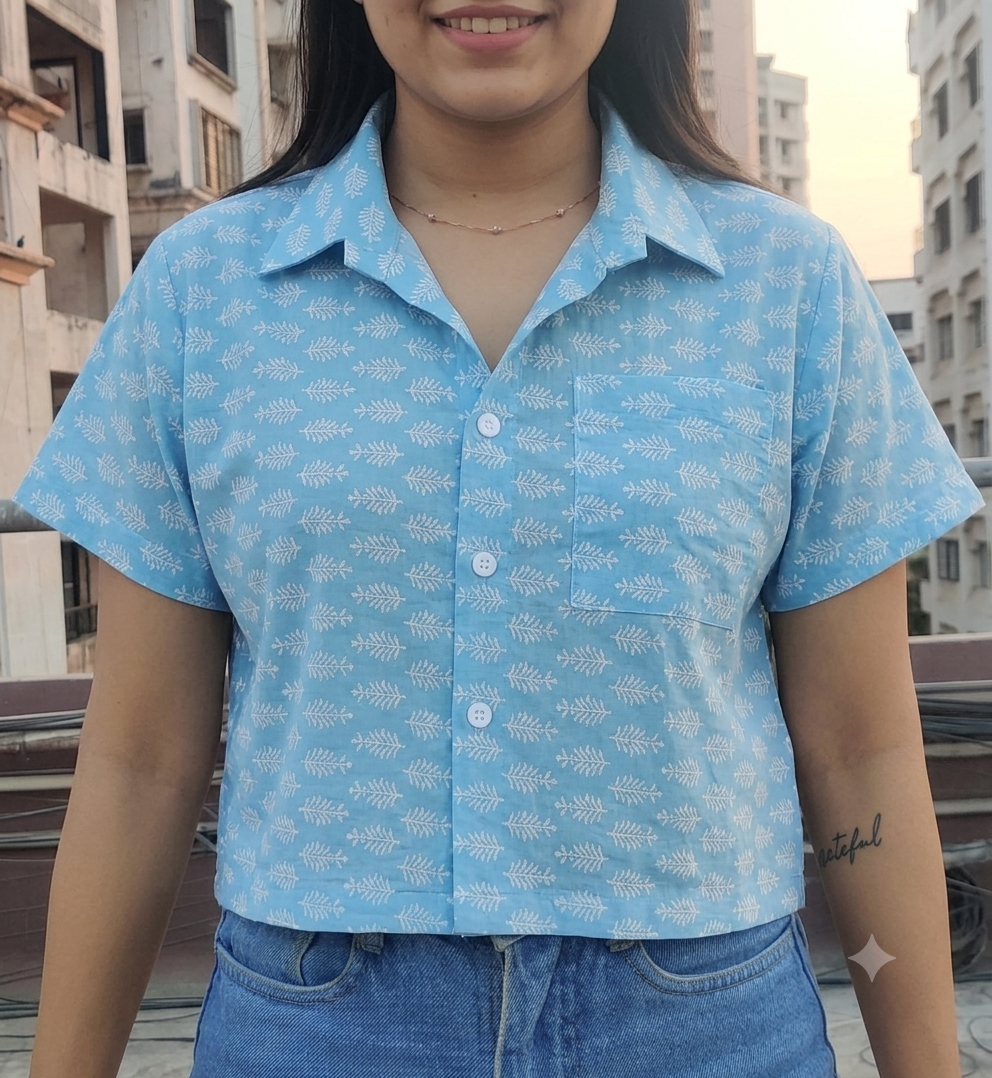 Blue Cotton Crop Shirt for Women