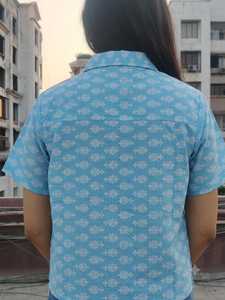 Blue Cotton Crop Shirt for Women