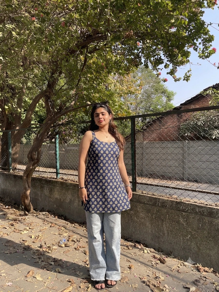 Blue Noor Kurti – Straight Long Cotton Kurti with Broad Straps