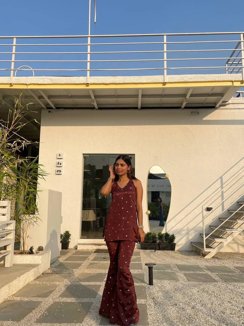 Bebo Halter Neck Backless Corset Kurti with Bell Bottom Pants