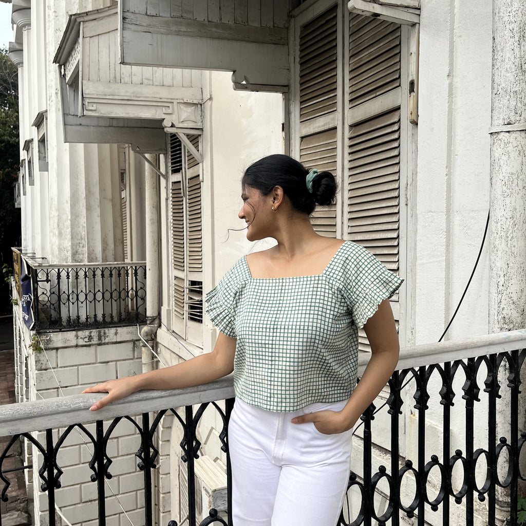 Gingham Print Khadi Top