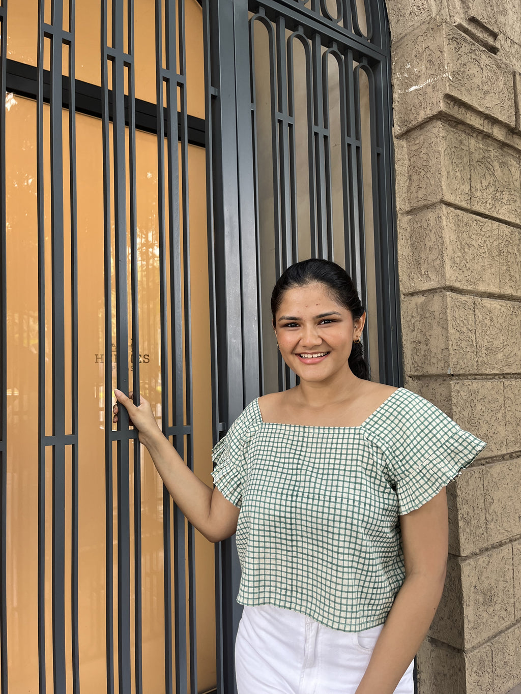 Gingham Print Khadi Top
