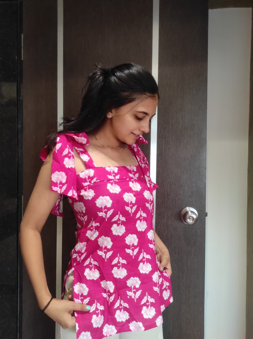 Pink Bow Short Kurti | Cotton Kurti