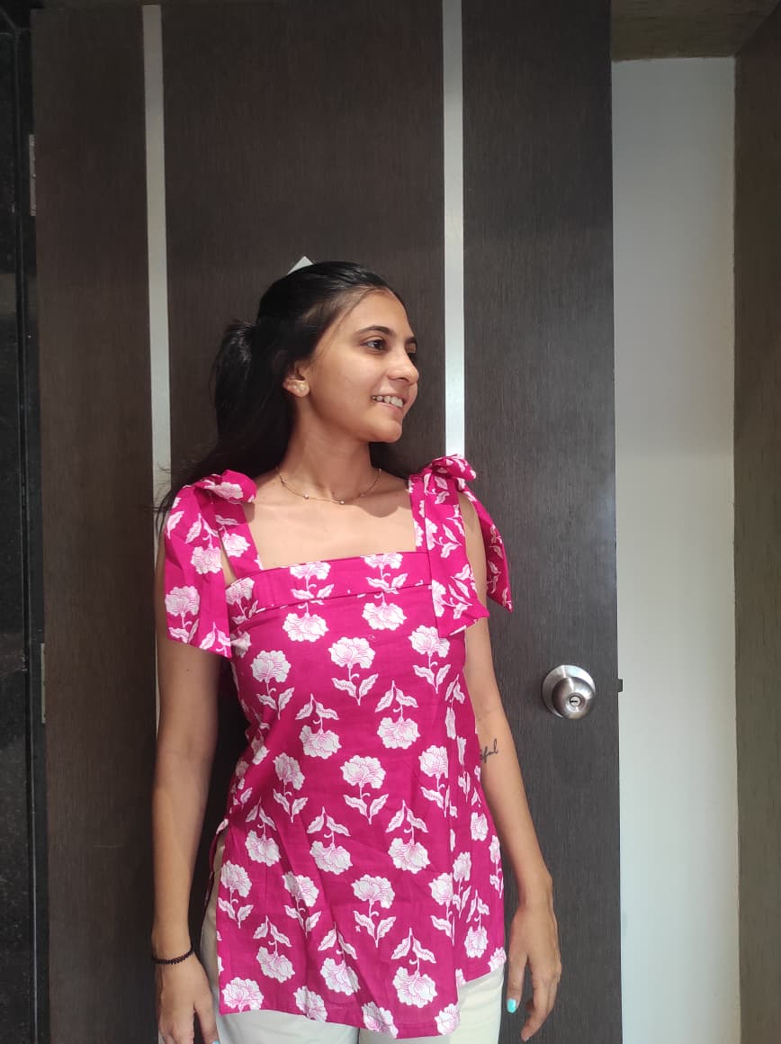 Pink Bow Short Kurti | Cotton Kurti