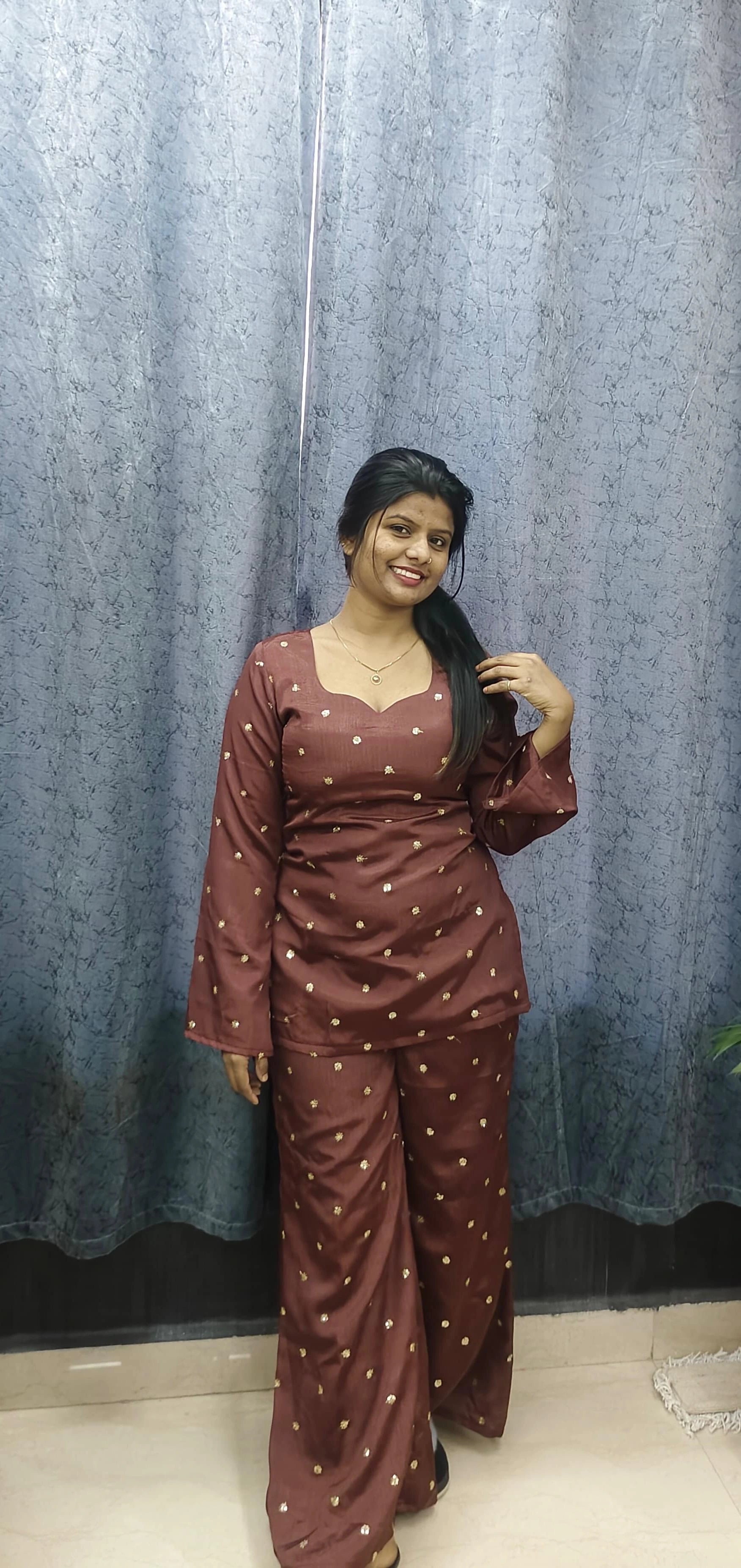 Brown Corset Back Kurti with Flared Pants